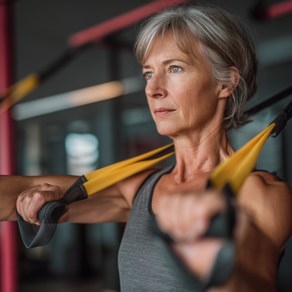 50 years old woman practicing functional exercises with resistance bands in modern fitness studio