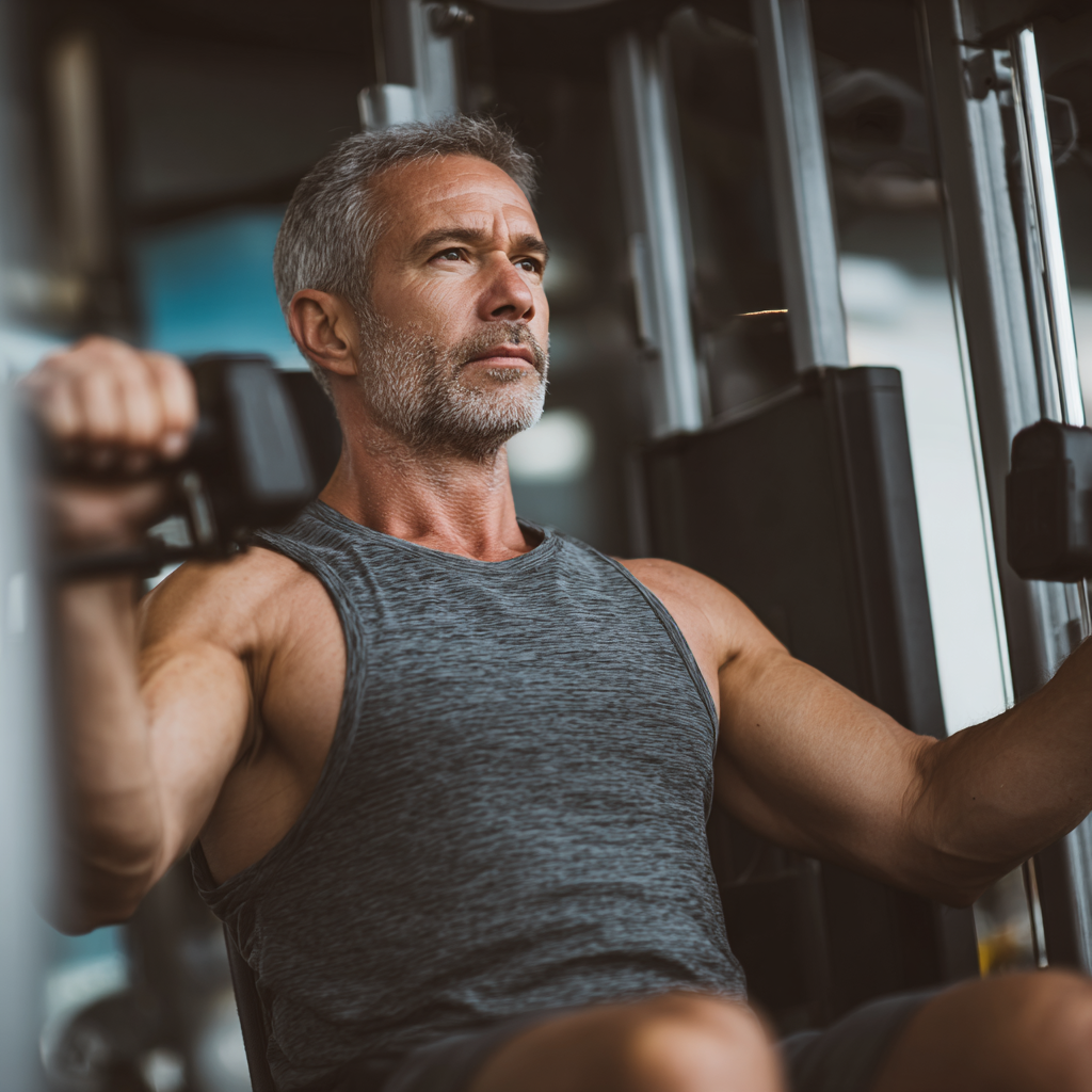 51 years old man using modern exercise equipment during personal training session at fitness center