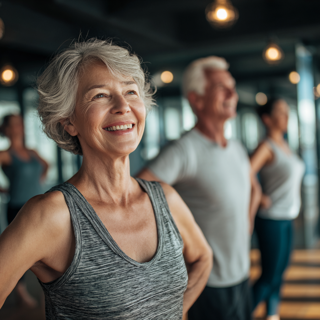 53 years oldadults enjoying group fitness class together in modern wellness center atmosphere
